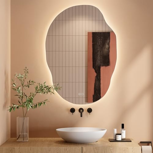 Dripex Badezimmerspiegel Led Badspiegel, Asymmetrisch, Touch-Schalter, Dimmbar, 3 Lichtfarbe Einstellbare Spiegel Bad mit Beleuchtung, Organischer Wandspiegel, Beschlagfrei 50x70 cm