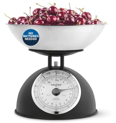 Balance de Cuisine Mécanique Intemporelle Salter – Bol de 2L Compatible Lave-Vaisselle, Cadrans Faciles à Lire, Grands Chiffres, Sans Piles, Design Rétro, Capacité de 5kg, Peser les Ingrédients, Noir