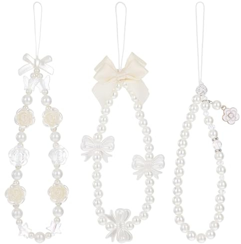 Yuomeaz 3 Pcs Mobile Phone Chain Charms, Crystal Pearl Flowers Bow Beaded Phone Charms Bracelet Strap Chain, Cute Mobile Phones Camera Anti-Lost Lanyard Chains for Women Girls Accessories
