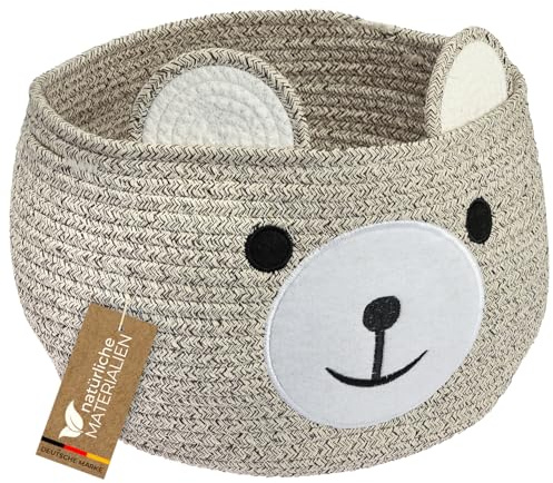 HMF Cesto portaoggetti con manici nascosti, cesto per cameretta in cotone | Orso | 30 x 24 cm | Marrone chiaro