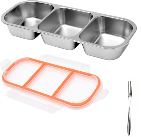 Snackbox mit 3 Fächern,304 Edelstahl Snack-Behälter mit Fächer 600 ml,Bento-Snack-Behälter mit auslaufsicheren Deckeln,Lebensmittelaufbewahrung mit deckel Tragbare Snack-Platten für Schule,Arbeit
