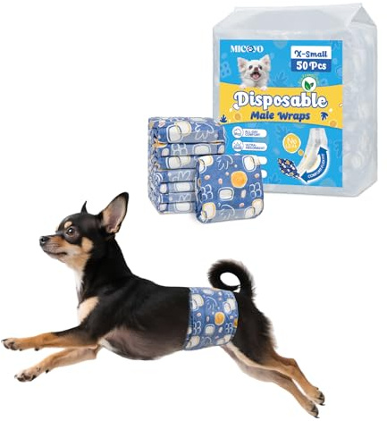 MICOOYO Hundewindeln für Rüden Einweg, super saugfähig Rüdenwindel, Windeln für Hunde mit Nässeindikator, Hundewindeln für Inkontinenz und Markieren (XS, 50 Stück)