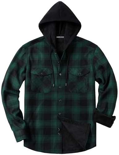 PARKLEES Men's Flannel Hooded Plaid Shirts Jacket Lined Warm Casual Padded Checked Button Down Shirts