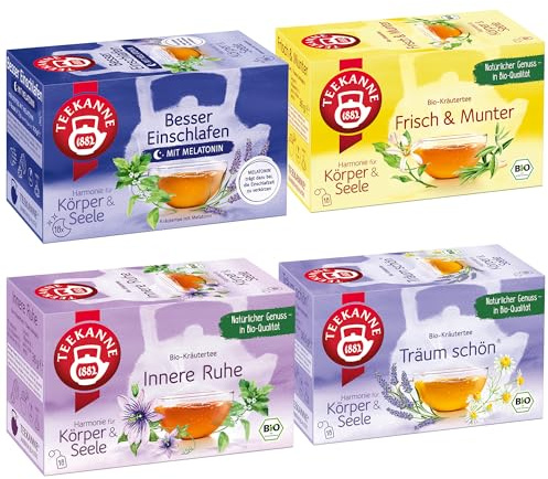 Teekanne Schlaf 4er Set Bundle – Gute Nacht Tee Bio 72 Teebeutel | Einschlafen mit Melatonin, Innere Ruhe, Träum Schön & Frisch & Munter, Beruhigungstee mit Lavendel, Melisse & Zitronengras