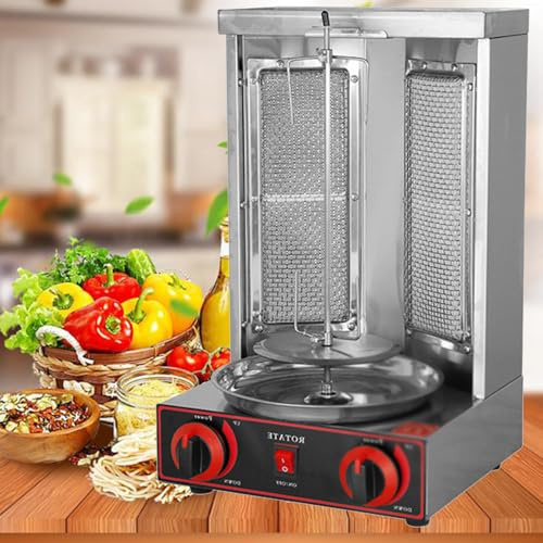 AityBuy Parrilla Vertical para Kebab, Asador De Pollos, Máquina De Parrilla a Gas, Máquina Automática para Hacer Brochetas Giratorias, Estufa De Barbacoa Eléctrica Silver-DoubleKnob