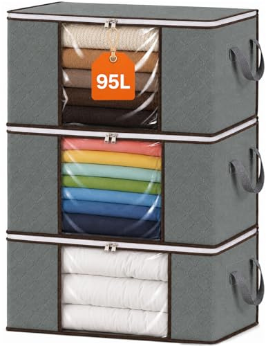 RICHER HOUSE 95L Clothes Storage Bags, Foldable Storage Box with Lid,3 Pack