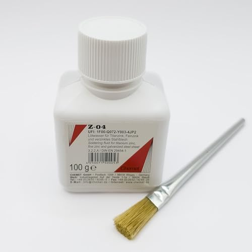 Lötwasser, Weichlötflussmittel für Titanzink, Feinzink und verzinktem Stahlblech, für Dachdeckerlötzinn SnZn9 oder SnZn15, in 100 g und 1000 g Flaschen (100 g inkl. gratis Pinsel)