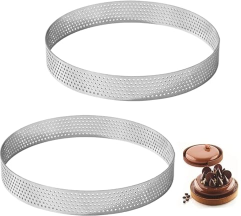 AwnsIMfreien Baking Rings, Tart Rings, 2PCS 8 Inch Round Perforated Cake Ring, Heat Resistant Nonstick Stainless Steel Baking, Heat Resistant Ring Molds for Cooking, Cake