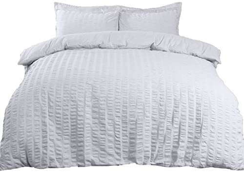 Highams Single Duvet Cover Set Seersucker, Ultra Soft Cosy Warm Luxurious Plain Dye Textured Ruffled Seersucker Single Quilt Cover Set with Pillowcase - White