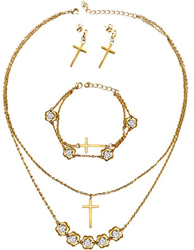 JewelryWe Schmuck Damen Armband Halskette Ohrringe Schmuckset Edelstahl Kreuz Lebensbaum Sperren Anhänger mit Kette, Armkette & Ohrstecker Set für Frau Mädchen Silber/Gold