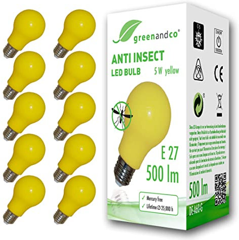 greenandco 10x lampadina anti insetti, anti zanzare E27, gialla, 5W, 500lm, lunghezza d'onda 560-580nm, non dimmerabile