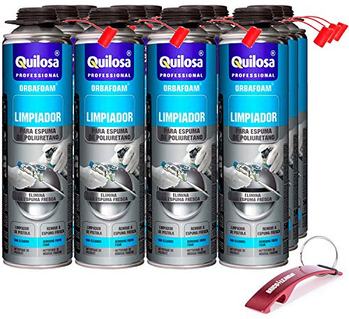 QUILOSA - Pack Limpiador Espuma de Poliuretano Fresca Quilosa Orbafoam 12 botes de 500ml Edición Especial Bricolemar con llavero abrebotellas