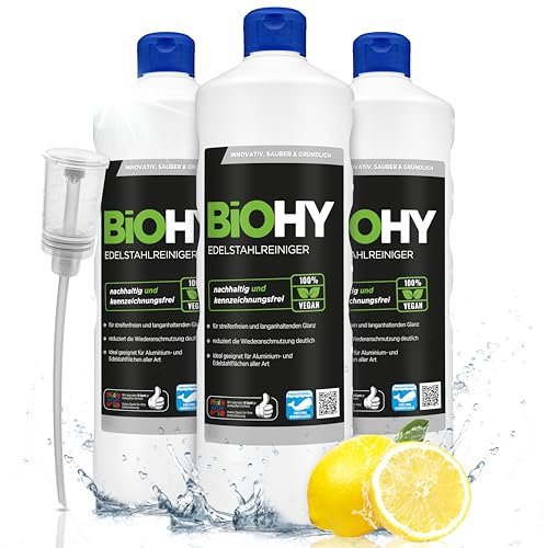 BiOHY Edelstahlreiniger (3 x 1 Liter) + Dosierer | Edelstahlpflege für streifenfreien Glanz | ideal für Küche, Töpfe oder Grill | Edelstahl reinigen in Gastronomie & Haushalt | pflegendes Putzmittel
