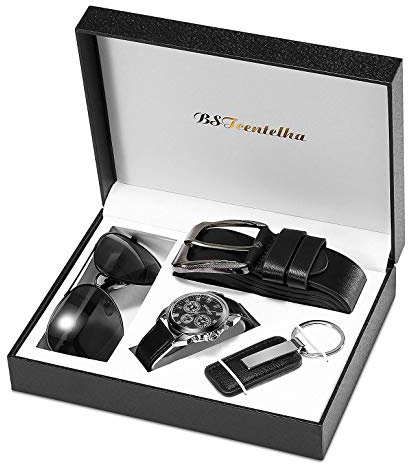 BSTcentelha Mens Gift Set,Mens Artificial Leather Watch Belt Keychain Sunglasses Gift Set,Valentine's Day Present Gift, Luxury, One Size, Luxury
