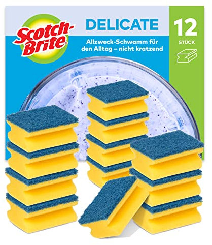 Scotch-Brite Delicate Non-Scratch Sponge Scourer, 12 Pieces - Ideal Everyday Washing up sponge, use on Non-Stick Cookware and Glass