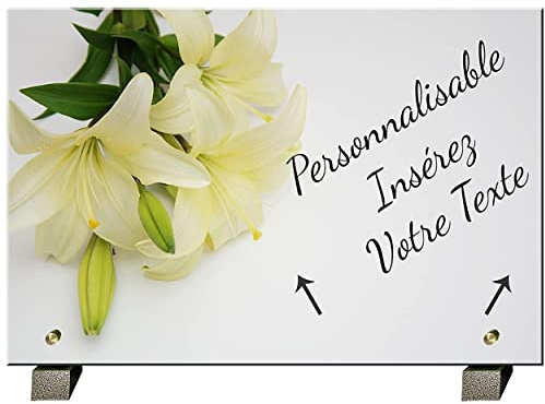 PHENIX | Plaque Funéraire Fleur, Plaque Funéraire Lys Personnalisable en Pierre (30x20 cm) - Plaque mortuaire - Texte 100% Personnalisable - Résistante aux Intempéries - Fleur de Lys Blanc