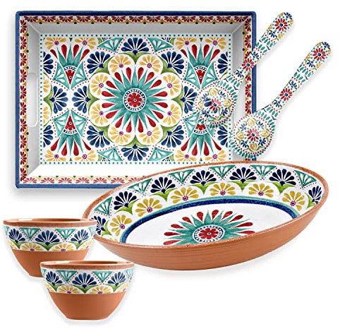 Purely Home Rio Medallion Melamine/Plastic Outdoor/BBQ/Picnic - Oval Bowl, Rectangular Tray, Salad Servers & 2 x Dipping Bowls Set