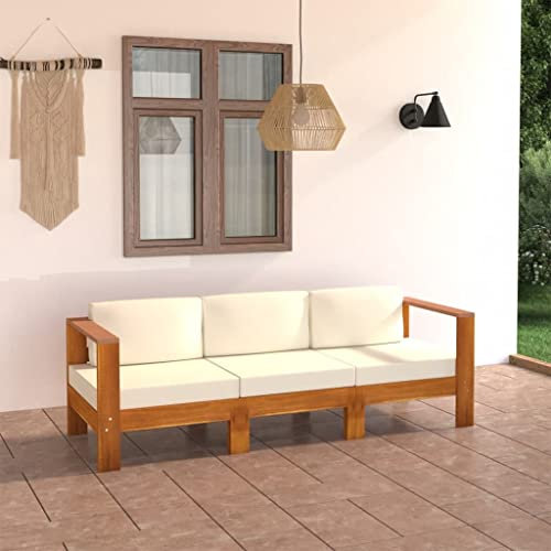 INLIFE 3-Sitzer-Gartensofa mit Cremeweißen Auflagen Massivholz Akazie