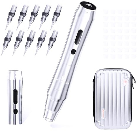 Wireless Tattoo Maschine set, Blackbudda Permanent Make up Maschine mit Power Supply 10pcs Cartridge Nadeln für Anfänger, 40pcs Pigment Cups