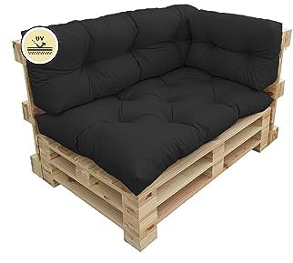 chilly pilley Palettenauflage UV-beständig Palettenkissen Schaumflocken Palettenpolster Palettenmöbel Palettensofa Rückenlehne Sitzkissen Seitenkissen Set viele Größen und Farben 3er Set Schwarz