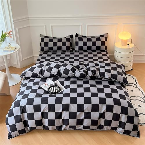 ENEN 4 Pezzi Completo Letto Matrimoniale e Singolo, Microfibra Set Copripiumino con Chiusura a Zip, 1 Lenzuolo con Angoli e 2 Federe (Letto da 1,5 m 150x200,Plaid Nero)