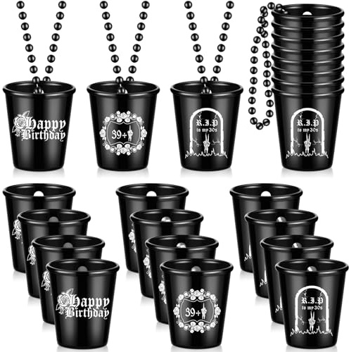 Sasylvia 12 Pcs Rip 30s Shot Glass Necklace on Beaded Dirty Plastic Shot Necklace Cup Rip to My Birthday Decorations Black Plastic Tumbler Cups Funny Birthday Gag Gifts for Him Her Thirties