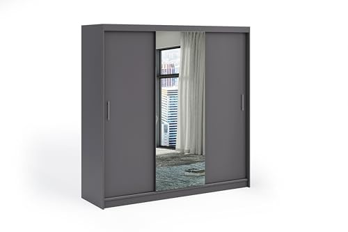ELUKS OVI Double Sliding Doors Wardrobe with Mirror Furniture for Bedroom Living Room and Hall Wardrobe Organizer Width 100cm/120cm/150cm/180cm/200cm (Grey, 200cm)