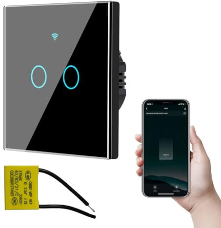 Bkiyougo Touch Light Switch, Wi-Fi Black Double Light Switch with Remote Control Functions, Tempered Glass Panel with LED Backlight, 2-Gang 1-Way