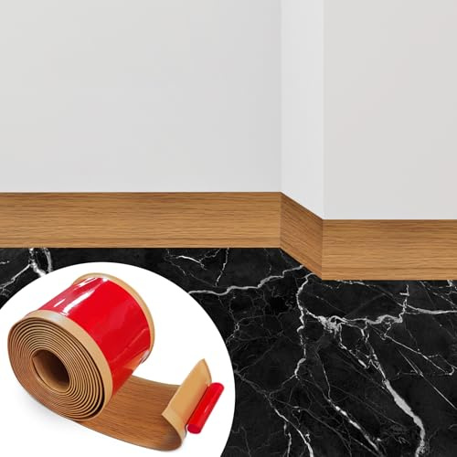 Battiscopa in PVC, Battiscopa Adesivo Rovere Giallo 10 cm x 5 m, Binario di Transizione del Gap nel Muro, per Cucina, Bagno, Soggiorno
