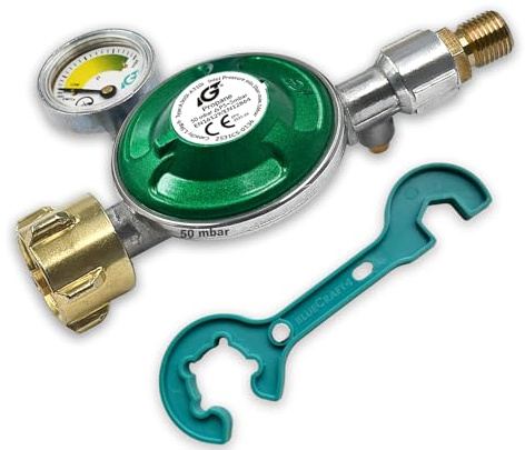 Bluecraft Gasregler 50 mbar mit 360°-Manometer | Gas Füllstandsanzeige | Propangas Druckminderer | Druckregler Camping Propan Butan | mit 2 in 1 Gasregler Schlüssel