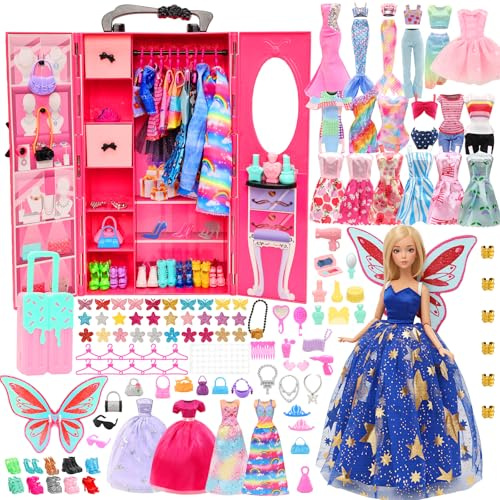 Miunana 101 pcs Wardrobe Closet Doll Clothes Accessories Suitcase Mermaid Swimsuits Dresses Shoes Hanger Crown Necklace Doll Accessories for 11.5 Inch Girl Dolls Toys Gifts for Girls