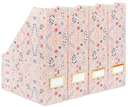 BLU MONACO | Cardboard Magazine File Holder Set of 4 | Standing File Holder with Floral Boho Design | Foldable Cardboard Bins for Shelves Desk Office Storage