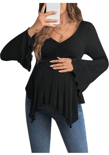 BEAUDRM Women's Maternity Shirts Bell Long Sleeve Pregnancy Tops Ruched V Neck Asymmetrical T-Shirt Black Medium