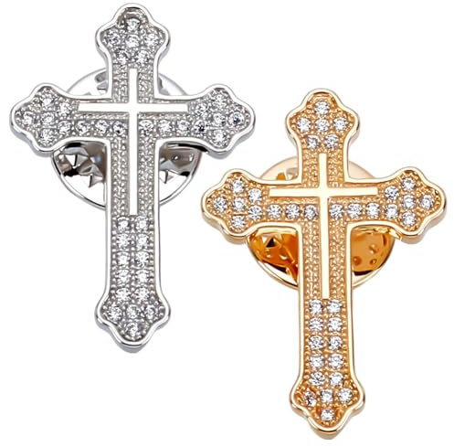 WEBEEDY 2 Pcs Croix Broche Epingles de Cravate Epingles Chrétiennes Epingle de Revers Croix pour Hommes Femmes,Epingles de Broche en cuivre pour costumes Accessoires Cadeau de Noël,Doré/Argenté