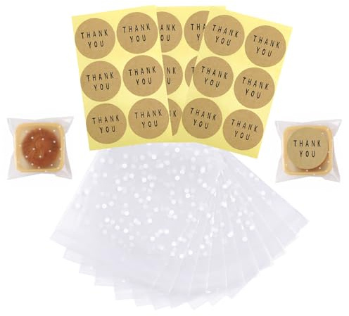 LIANRISES 200pcs Small Cellophane Polka Dot Plastic Bags For Sweets, 5.5x5.5+2.5cm Biscuit Bags Clear For Cookies, Self Seal Cellophane with 48pcs THANK YOU Stickers