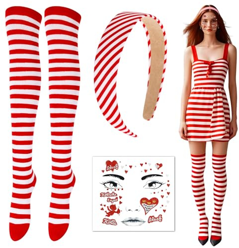 BOFUNX Karneval Rot Weiß Kostüm Accessoires, Haarreif gestreift + Kniestrümpfe gestreift + Gesichtstattoos Alaaf für Fasching
