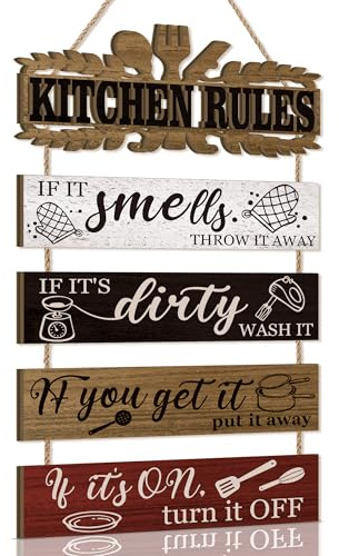 KAIRNE Kitchen Rules Wall Sign Rustic Wood Bar Sign Farmhouse Style Kitchen Accessories Funny Quotes Door Wooden Hanging Plaque If It Smells Throw It Away Eggbeater Knife Fork Prints Plaque Decor