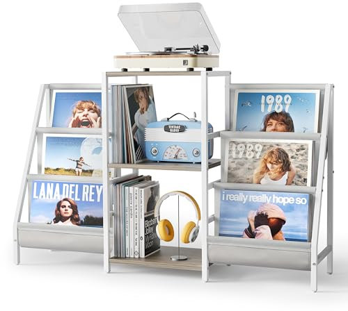Bikoney Mueble para Tocadiscos con Almacenamiento – Soporte para Tocadiscos con Estante para 280 Vinilos, Consola Multimedia con Estante para CD, Vinilos y Equipo de Audio (Blanco)