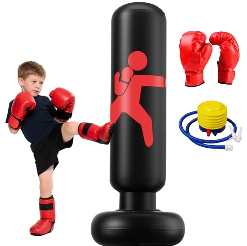 Boxningssäck för barn, 160 cm uppblåsbar boxningssäck med handskar och luftpump, Karate Taekwondo-övning och undertryckt energiavlastning