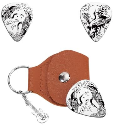 UNICRAFTALE Personalisierte Gitarrenplektren Geschenk Gitarrenplektrum Doppelseitig Graviert Kranich Gitarrenplektrum Edelstahl Mit PU Lederetui Gitarrenset Für Gitarrenspieler Musiker Liebhaber