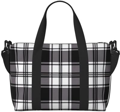 Borsone da viaggio con stampa glitterata nera e bianca, leggera, impermeabile, borsa da palestra e da viaggio per uomini, donne e ragazzi, Plaid bianco e nero., Taglia unica, Borsone da viaggio