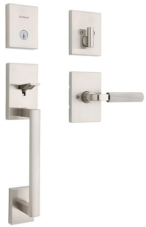 Kwikset San Clemente Front Door Lock Handle and Deadbolt Set, Entry Handleset with Mirada Reversible Lever, Satin Nickel, Pick Resistant SmartKey Rekey Deadbolt Security, with Microban Protection