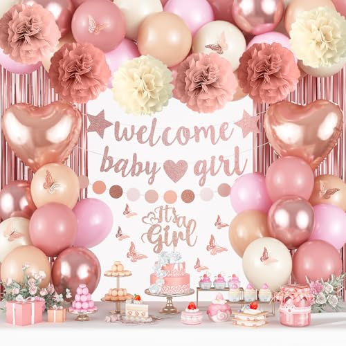 Pink Baby Shower Decorations for Girl, Boho Dusty Blush Pink Rose Gold Beige White Latex Balloons Welcome Baby Banner Its A Girl Cake Topper Pom Poms Fringe Curtain for Girls Birthday Party Decoration