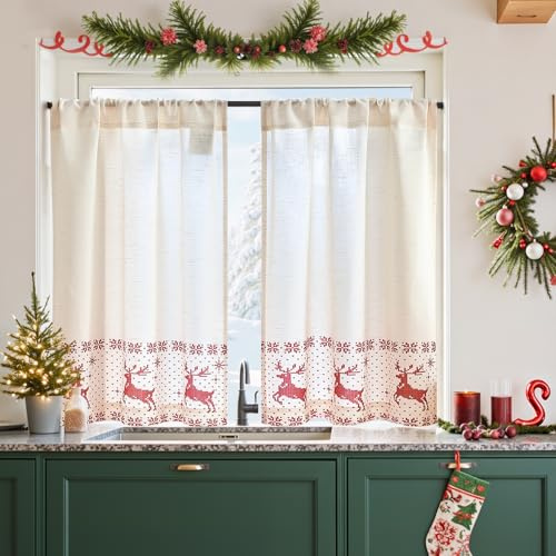 Vangao Scheibengardinen Weihnachten Deko Christmas Nase Bistrogardine 2er Set 75Hx65Bcm Leinenoptik Weihnachtsgardine mit Stangendurchzug lichtdurchlässig Modern Bedruckt Gardinen Kurz, Rot und Weiß