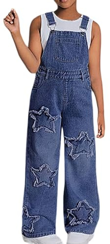 Vuncio Kids Denim Overalls Girls with Star Baggy Dungarees Jumpsuit Sleeveless Adjustable Wide Leg Jeans Teen Girls Loose Comfy Fall Casual VVacation Age 8-14 Years (Dark Blue, 10-11 Years)