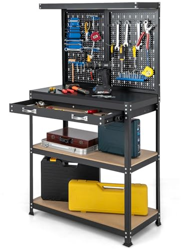 GYMAX Établi Atelier Garage avec 2 Étagères Ouvertes et 1 Tiroirs (Bleu) | Panneau Perforé avec 14 Accessoires pour Rangement de Outils, Table de Travail, Cadre Métallique, pour Entrepôts Bricolage