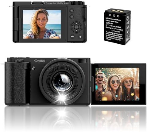 Rollei Compactline 10X Flip Screen Digitalkamera 64MP 4K Kamera Fotokamera 10X Optischer Zoom Selfie Fotoapparat mit 180° Flip 2,88 Bildschirm für Teens Anfänger, Digital-Kamera-Fotoapparat-Camera