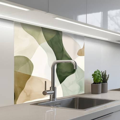 KitchenYeah© Splashback for Kitchen self-Adhesive Wall Protector Decor | 32x32 / 80x80 cm - Panels Cooker Backsplash Japandi - Abstract - Green