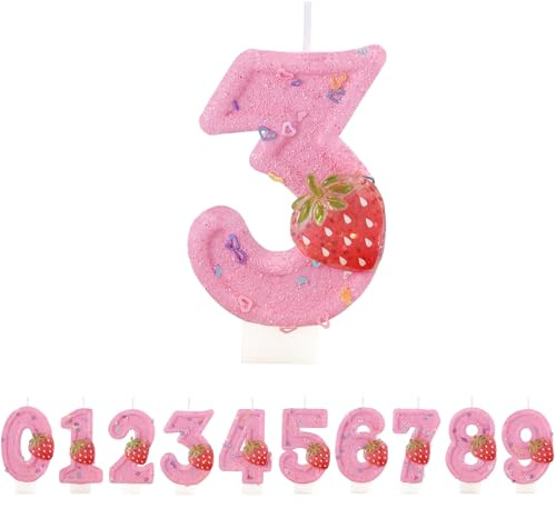 Gleemix Rosa Kerze 3. Geburtstag, Niedliche Erdbeer Geburtstagskerzen, Pink Erdbeer Kuchendeko 3. Geburtstagdeko, Kinder Geburtstagskerzen Zahlen, Rosa Kerzen Birthday Candle