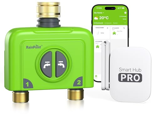RAINPOINT WiFi Water Timer 2 Outlets, Smart Irrigation Hose Timer with with Brass Inlet & Outlet, Antenna Hub, Weather Based Automatic Irrigation System for Garden, APP Remote/Voice Control